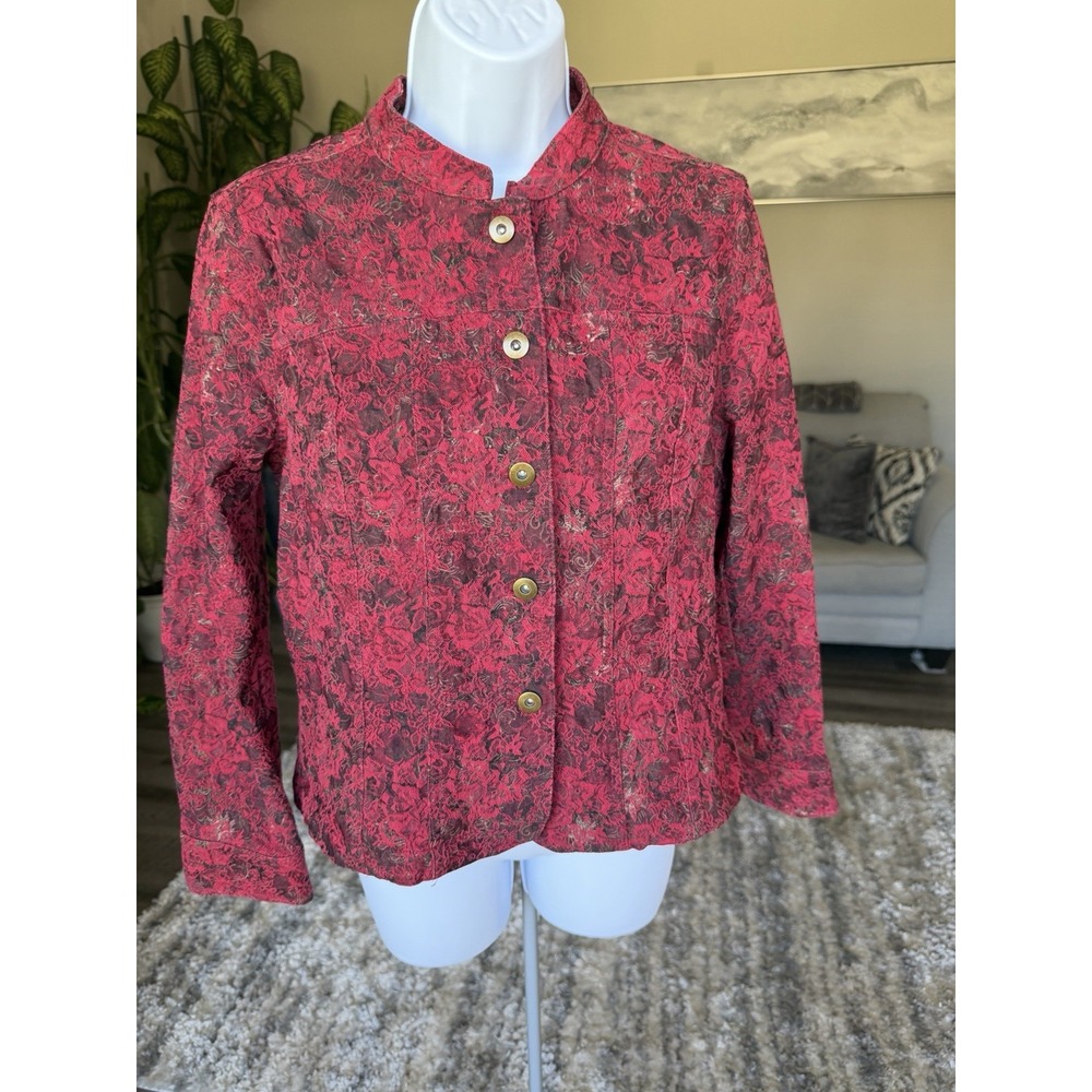 Christopher Banks Red Floral Button Down Shacket Petite Medium PM Boho Artsy
